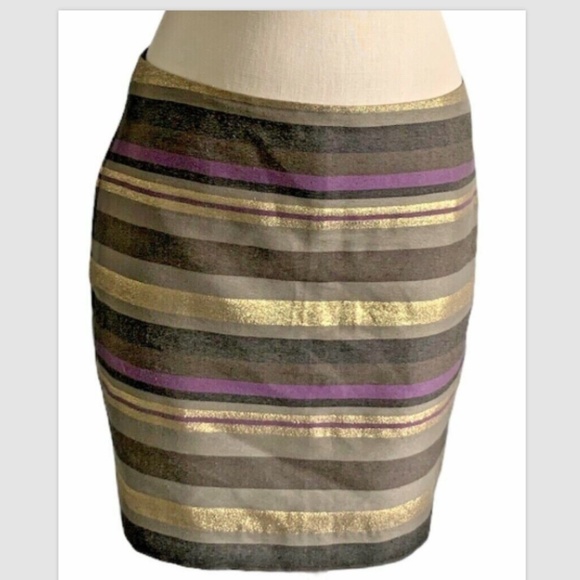 Banana Republic Lined Skirt Sz 8 Gold Gray Purple Stripe Cotton Blend #225B - Picture 1 of 6